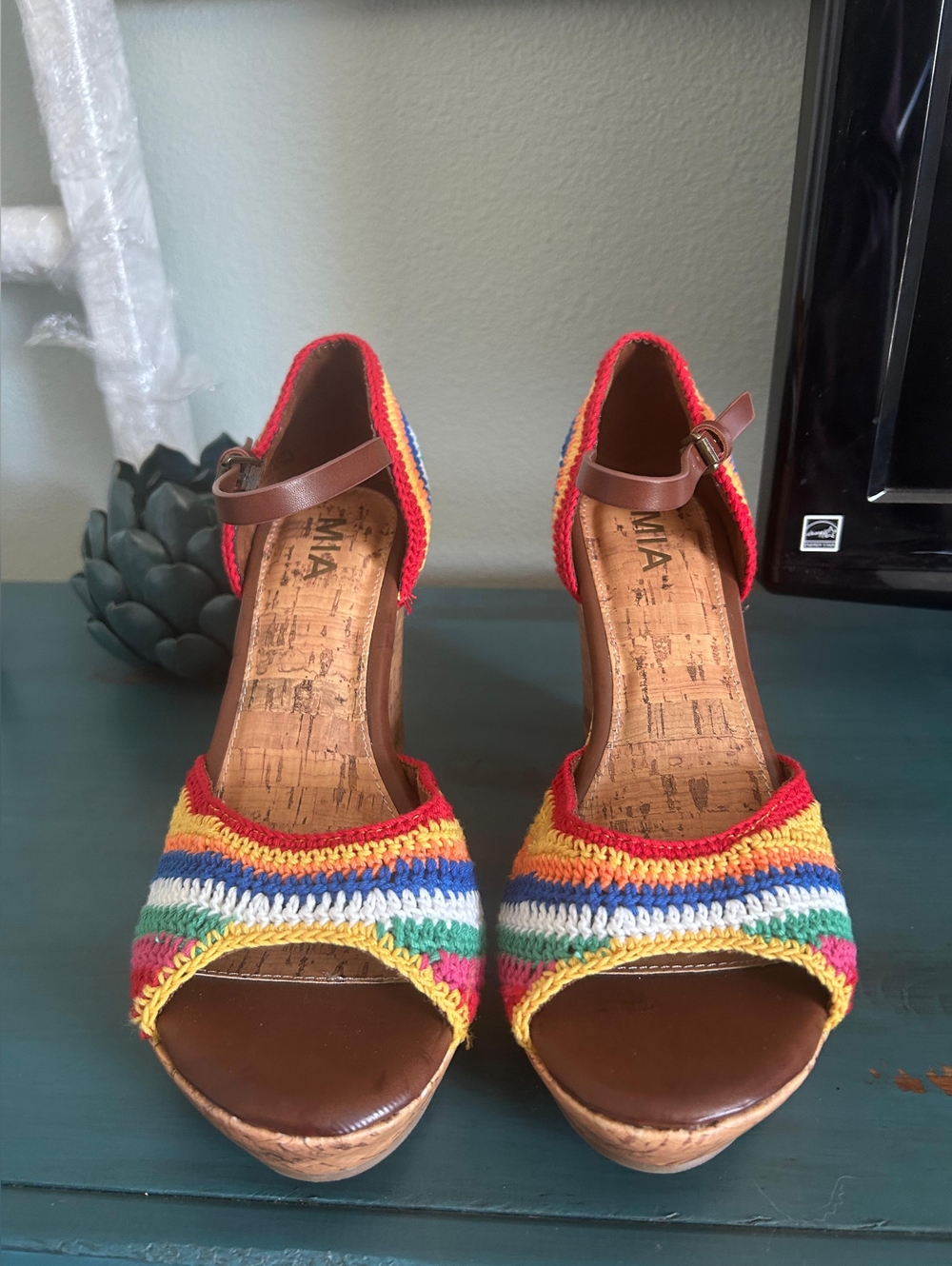MIA Rainbow Crochet Cork Wedge Sandals - Multicolor